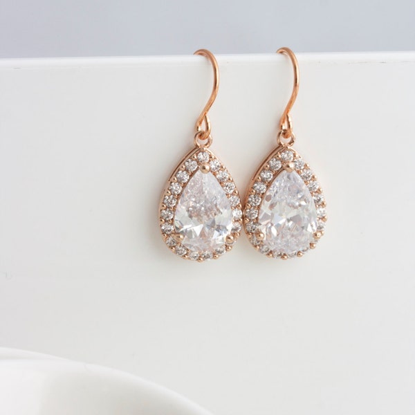 Rose Gold Earrings Dainty Bridal Earrings Wedding Jewelry Bridesmaid Earrings Simple Teardrop Crystal Earrings Cubic Zirconia Bridal Jewelry