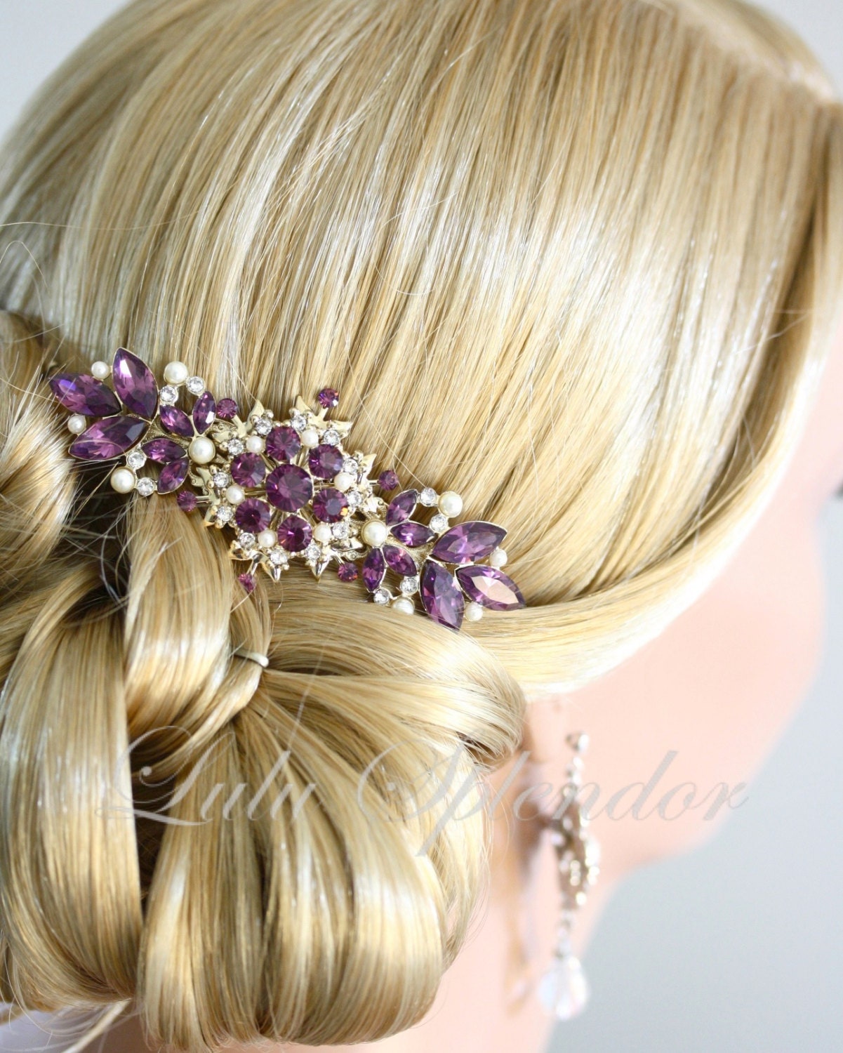 vintage bridal comb amethyst wedding hair comb purple wedding hair  accessories gold comb, chantilly