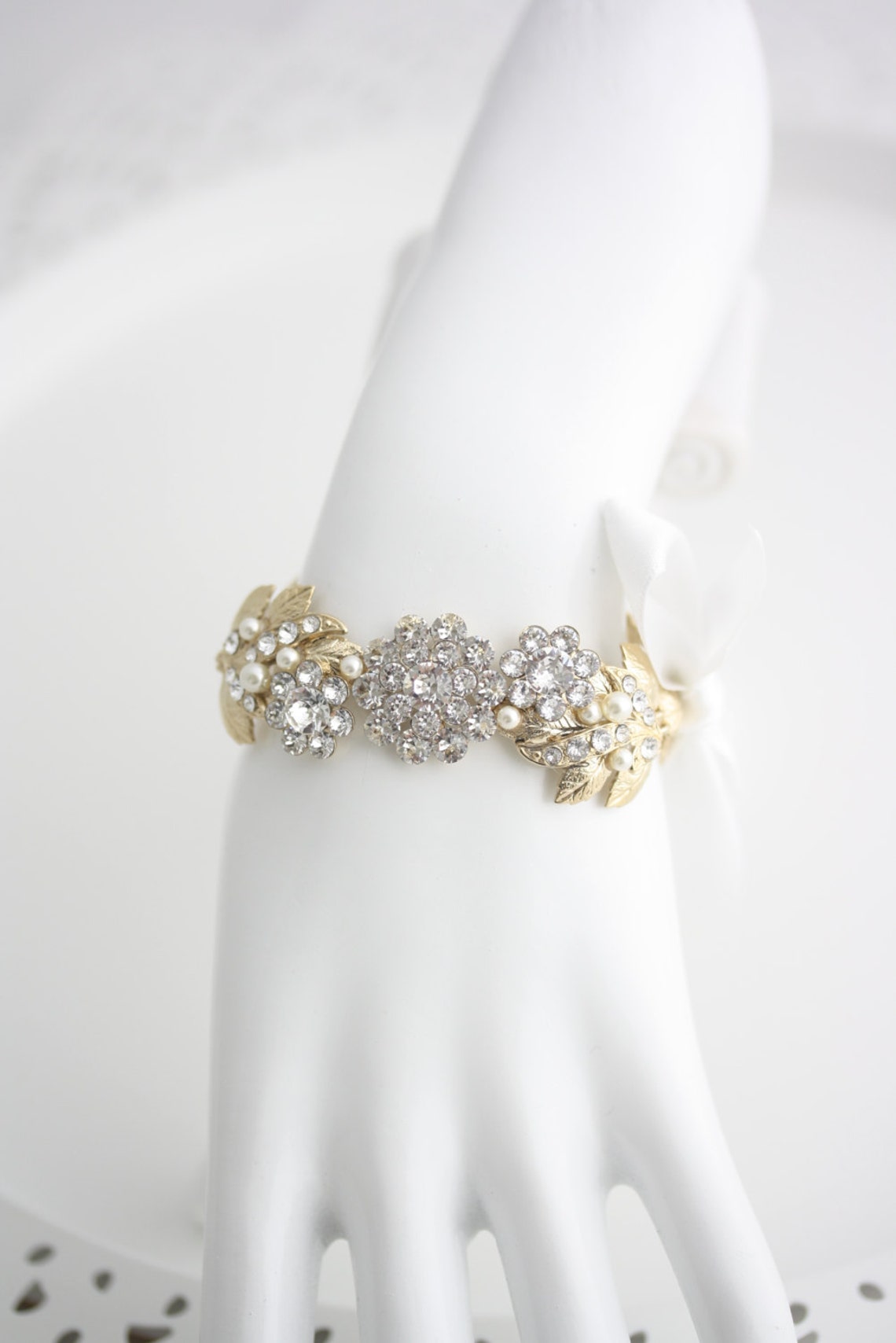 Gold Bridal Bracelet Ribbon Wedding Bracelet Gold Leaf Etsy