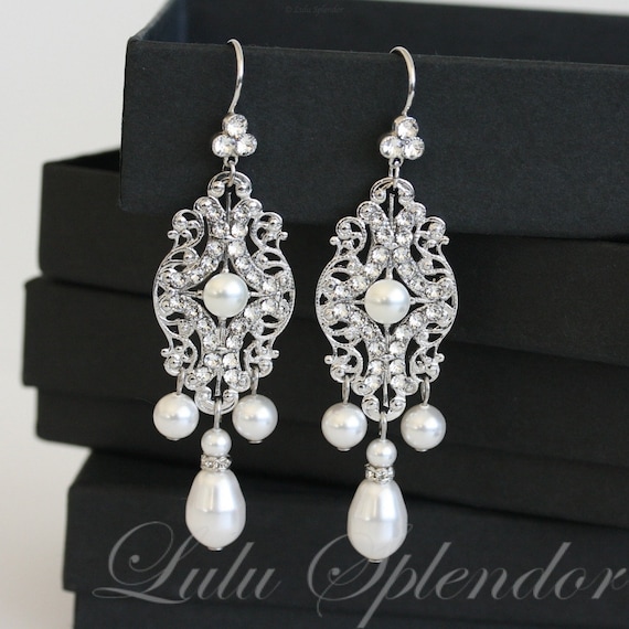 Pearl Bridal Earrings Vintage Filigree Chandelier Wedding Earrings with Swarovski Crystal and Pearl drops Wedding Jewelry YASMIN