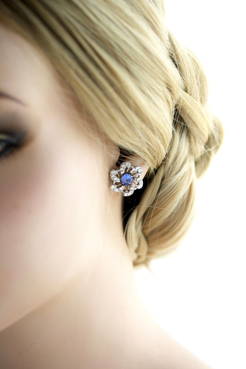 Blue Bridal Earrings Rhinestone Flower Wedding Earrings Stud Etsy