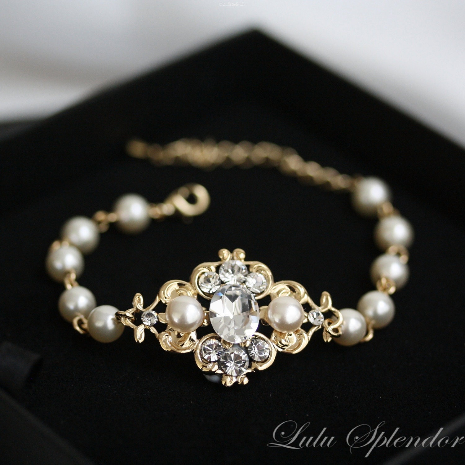 Gold Bridal Bracelet Swarovski Pearl and Crystals Ivory pearl | Etsy