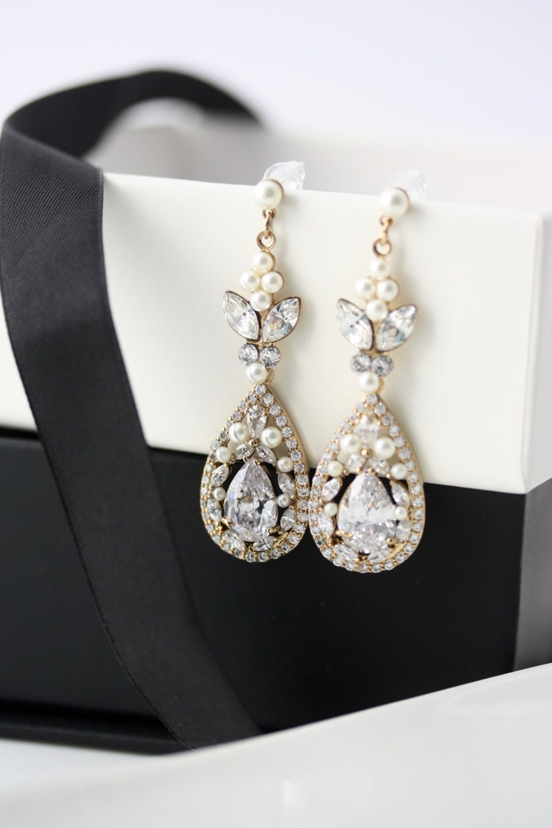 Gold Bridal Earrings Long Wedding Earrings Cubic Zirconia