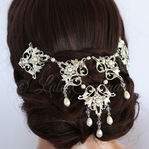 Wedding Headpiece Back Hair Piece Bridal Hair Accessory  Swarovski Crystal Pearl Hair Chain Draped Wedding  Headpiece RUTH HP