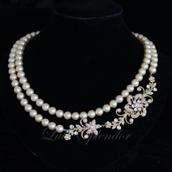 Bridal Pearl Necklace Gold Wedding Necklace Swarovski Golden Shadow Crystal Light Gold Pearl Wedding Jewelry DOUBLE STRAND SABINE