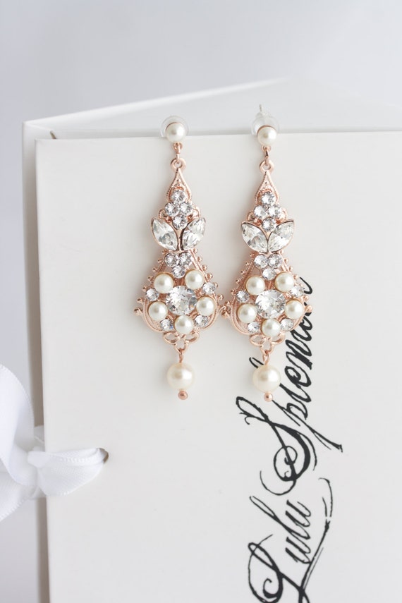 Rose Gold Bridal Earrings Chandelier Vintage Wedding Image 0