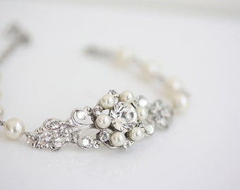 Wedding Jewelry Rhinestone Pearl Bridal Bracelet Filigree Cuff Bracelet Pearl wedding gift for bride bridesmaids PARIS CLASSIC BRACELET