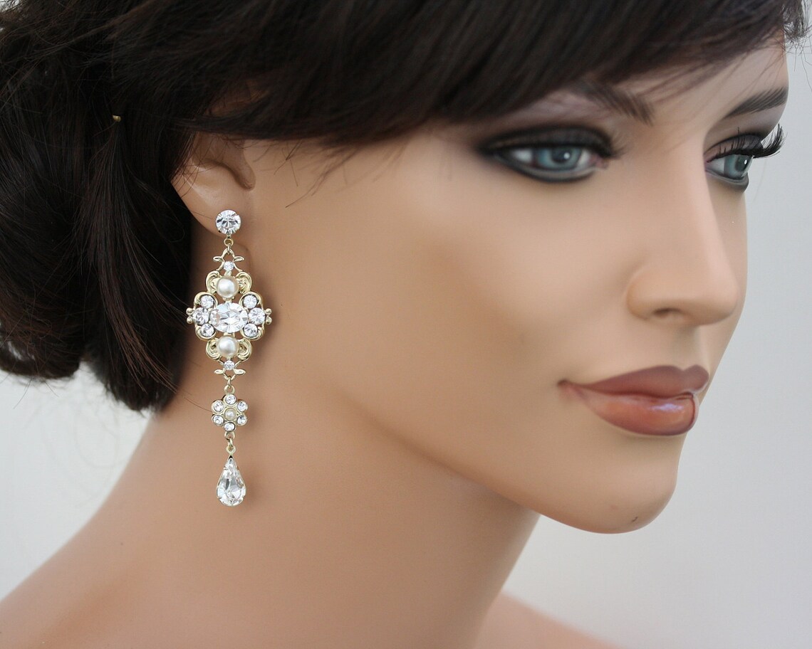 Chandelier Earrings Gold Bridal Earrings Swarovski White Ivory Etsy