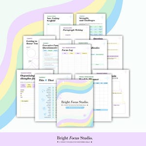 Puede incluir: Una colección de hojas de trabajo imprimibles de Bright Focus Studio, diseñadas para habilidades de funcionamiento ejecutivo. Las páginas presentan colores pastel y títulos como "Focus Log" y "Weekly Planner". La portada tiene el texto "Bright Focus Studio. A toolkit for executive functioning skills."