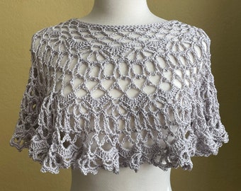Crocheted Silver Lace Topper. Poncho. Capelet. Lacy. Dove Gray. Light Gray.