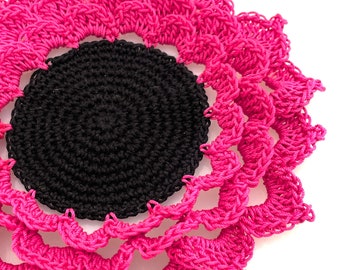 Crocheted Spring Flower Doily. Floral Gift Topper. Coaster. Flower Applique. Pitcher Cover. Cotton Lace Yarn. Hawaiian Pink.