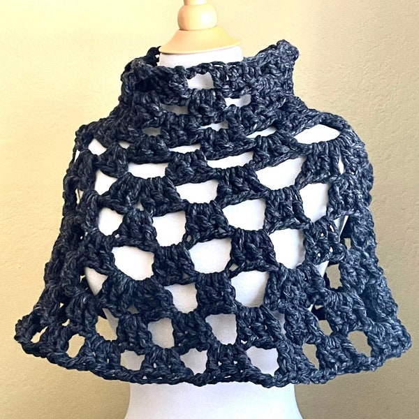 Crocheted Chunky Charcoal Capelet. Poncho. Cowl. Dark Gray.