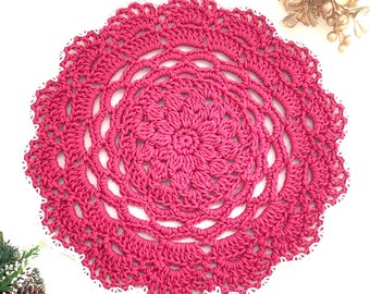 Crocheted Garden Party Placemats. Cherry Blossom. Lacy Doily. Floral. Coaster. Spring Flower. Cotton Dishie Yarn. Rose Pink.