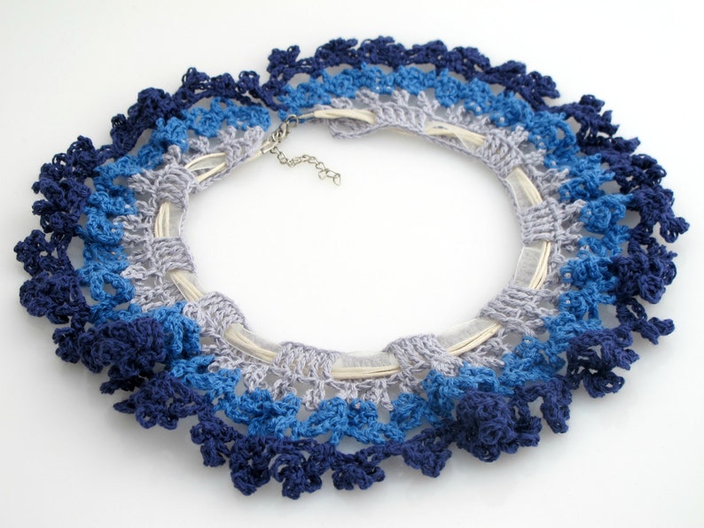 Blue Ruffle Collar Necklace. Organic. Crochet. image 3