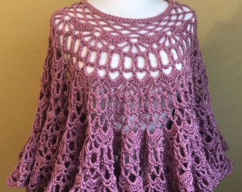 Crocheted Plum Wine Poncho. Lacy. Capelet. Pink. Mauve.