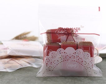 Self Adhesive Plastic Bags. Cello. Handmade. Bow. Cookie. Snack. Heart. Lace. White.