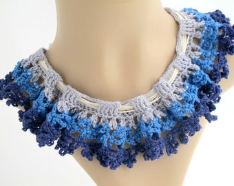 Blue Ruffle Collar Necklace. Organic. Crochet.