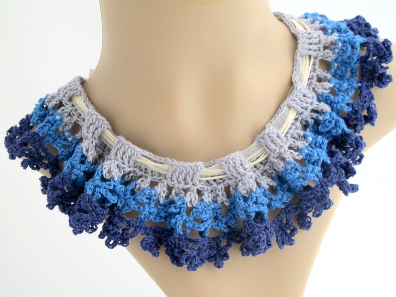 Blue Ruffle Collar Necklace. Organic. Crochet. image 1