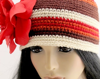 Crocheted Flower Beanie Hat. Red. Wool.