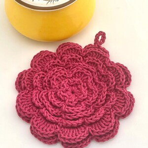 Crocheted Flower Pot Holder. Rose Petal Pot Holder. Cotton Hot Pad. Trivet. Hot Pink. Magenta. Raspberry. Rose Pink. Vintage. Dishie Yarn. image 1