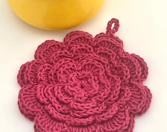 Crocheted Flower Pot Holder. Rose Petal Pot Holder. Cotton Hot Pad. Trivet. Hot Pink. Magenta. Raspberry. Rose Pink. Vintage. Dishie Yarn.