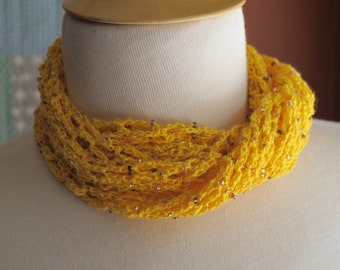 Lacy Yellow Beaded Scarf. Crochet. Necklace.