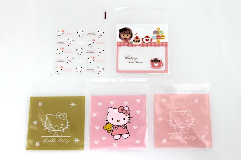 Heart. Self Adhesive Gift Bags Cookie Hello Kitty Bear Plastic Cat Candy Pink