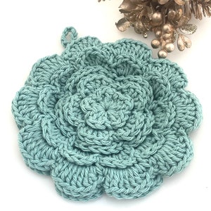 Crocheted Flower Pot Holder. Rose Petal Pot Holder. Cotton Hotpad. Casserole Hot Pad. Floral Trivet. Green. Aqua. Vintage. image 2