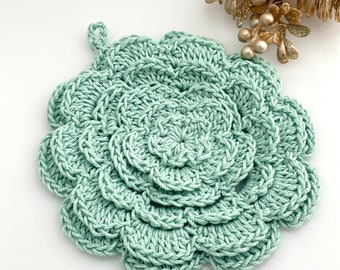 Crocheted Flower Pot Holder. Mint Green. Rose Petal Pot Holder. Floral Trivet. Vintage Inspired Cotton Hotpad. Casserole Hot Pad.