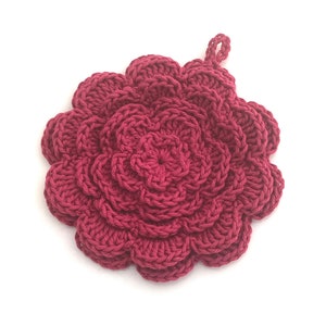 Crocheted Flower Pot Holder. Rose Petal Pot Holder. Cotton Hot Pad. Trivet. Hot Pink. Magenta. Raspberry. Rose Pink. Vintage. Dishie Yarn. image 2