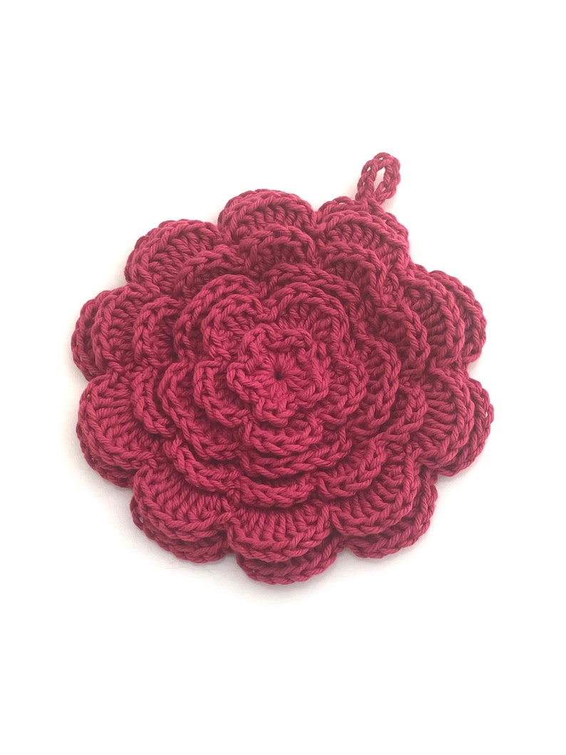 Crocheted Flower Pot Holder. Rose Petal Pot Holder. Cotton Hot Pad. Trivet. Hot Pink. Magenta. Raspberry. Rose Pink. Vintage. Dishie Yarn. image 2