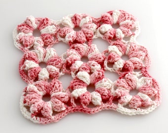 Crocheted Cotton Flower Trivet. Pink. Potholder.