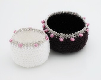 Crocheted Nesting Beaded Bowls. Cotton. White. Brown. Beaded.