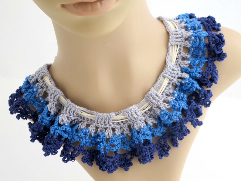 Blue Ruffle Collar Necklace. Organic. Crochet. image 2