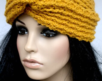 Crocheted Gold Turban Headband. Messy Bun Hat. Ear Warmer. Mustard. Teens. Women. Adult.