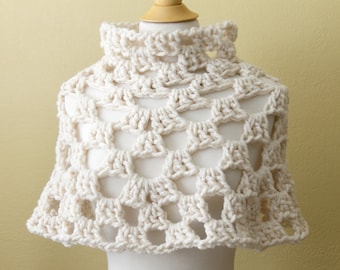 Crocheted Chunky Cream Capelet. Poncho. Cowl.