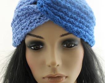 Crocheted Blue Turban Headband. Messy Bun Hat. Ear Warmer. Teens. Women. Adult.