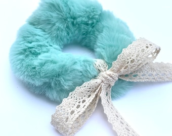 Faux Fur Bow Scrunchie. Mint Green. Crocheted Trim. Natural. Light Green. Pastel. Lace Trim.