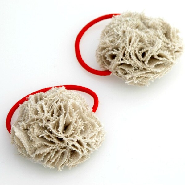 Fabric Flower Ponytail Holders. Beige. Carnation.