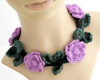 Crocheted Lavender Roses Necklace. Flower. Choker.