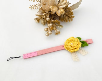 Crocheted Flower Suede Strap. Purse Strap. Handbag Strap. Phone Lanyard. Yellow Flower. Pink.
