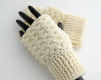 Crocheted Fingerless Wool Gloves. Ivory. Mittens.