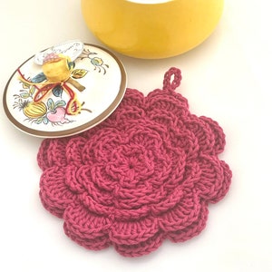 Crocheted Flower Pot Holder. Rose Petal Pot Holder. Cotton Hot Pad. Trivet. Hot Pink. Magenta. Raspberry. Rose Pink. Vintage. Dishie Yarn. image 3