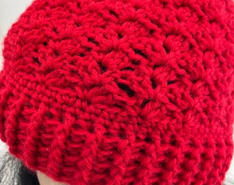 Crocheted Child Slouchy Beanie. Hat. Red. Cranberry.