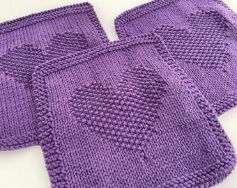 Knitted Natural Cotton Dishcloth. Wash Cloth. Purple. Eggplant. Royal Purple. Bath Cloth. Heart. Love. Dishie Yarn.