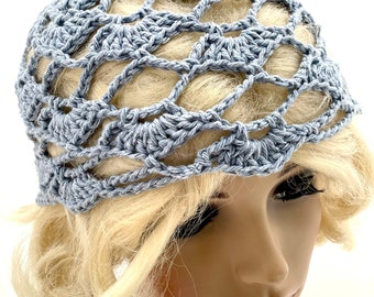 Crocheted Adult Flower Beanie. Hat. Cotton. Lace. Denim. Light Blue. Womens. Mesh.