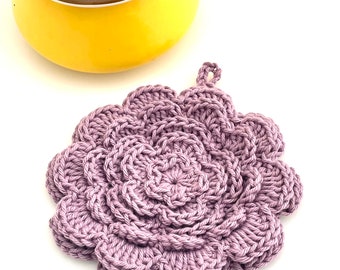 Crocheted Flower Pot Holder. Rose Petal Pot Holder. Cotton Hot Pad. Trivet. Lilac Mist. Lavender. Vintage Inspired. Dishie Yarn.