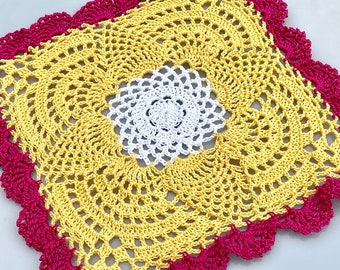 Square Pineapple Lace Doily. Cotton. Yellow. Hawaiian Pink. White. Flower.