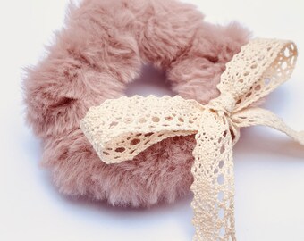 Faux Fur Bow Scrunchie. Mauve Pink. Crocheted Trim. Natural. Victorian Rose. Lace Trim.