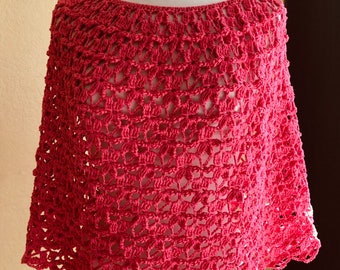 Crocheted Summertime Lacy Poncho. Hot Pink. Flower. Capelet. Wrap.
